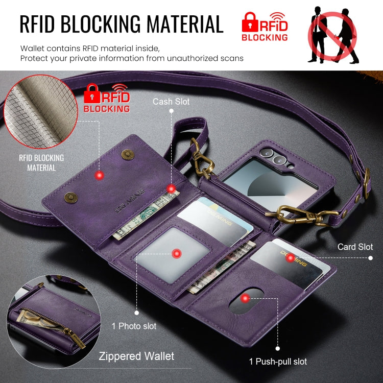 For Samsung Galaxy Z Flip6 DG.MING M5 Series Zip RFID Multi Card Detachable Leather Phone Case with Long Lanyard(Purple)