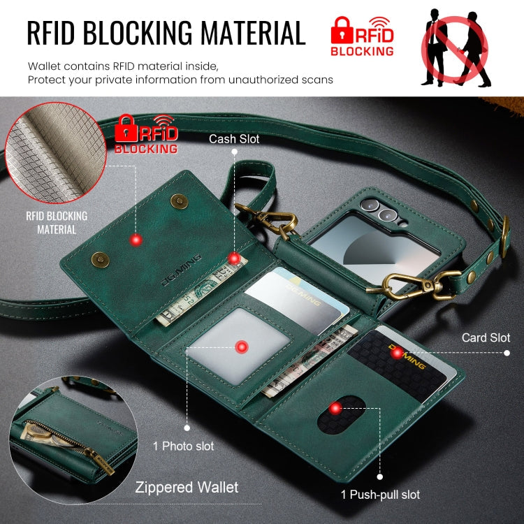 For Samsung Galaxy Z Flip6 DG.MING M5 Series Zip RFID Multi Card Detachable Leather Phone Case with Long Lanyard(Green)