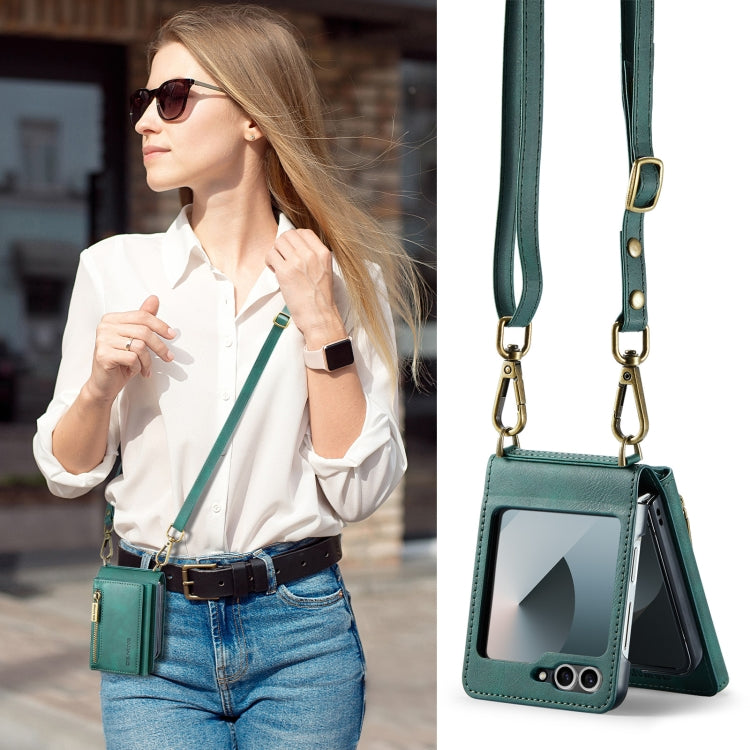 For Samsung Galaxy Z Flip6 DG.MING M5 Series Zip RFID Multi Card Detachable Leather Phone Case with Long Lanyard(Green)