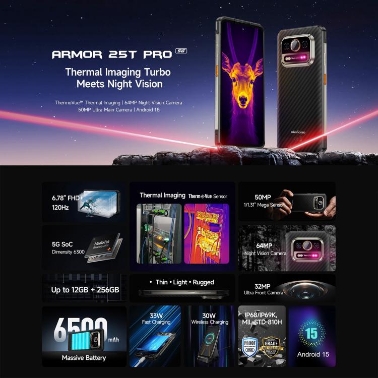 [HK Warehouse] Ulefone Armor 25T Pro Rugged Phone, 8GB+256GB, Thermal Imaging, 6.78 inch Android 15 MediaTek Dimensity 6300 Octa Core, Network: 5G, NFC(Frost Black)