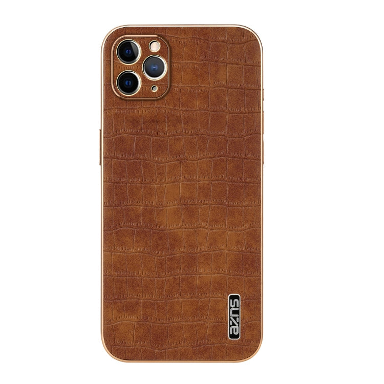 For iPhone 11 Pro AZNS Electroplated Frame Crocodile Texture Full Coverage Phone Case(Brown)