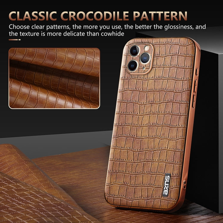 For iPhone 11 Pro AZNS Electroplated Frame Crocodile Texture Full Coverage Phone Case(Brown)