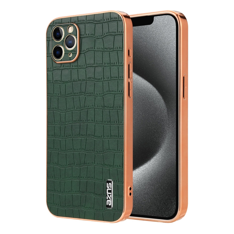 For iPhone 11 Pro AZNS Electroplated Frame Crocodile Texture Full Coverage Phone Case(Green)