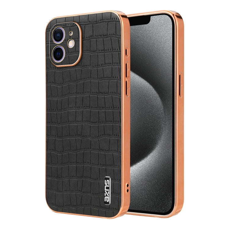 For iPhone 12 AZNS Electroplated Frame Crocodile Texture Full Coverage Phone Case(Black)