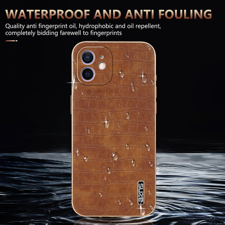 For iPhone 12 AZNS Electroplated Frame Crocodile Texture Full Coverage Phone Case(Brown)
