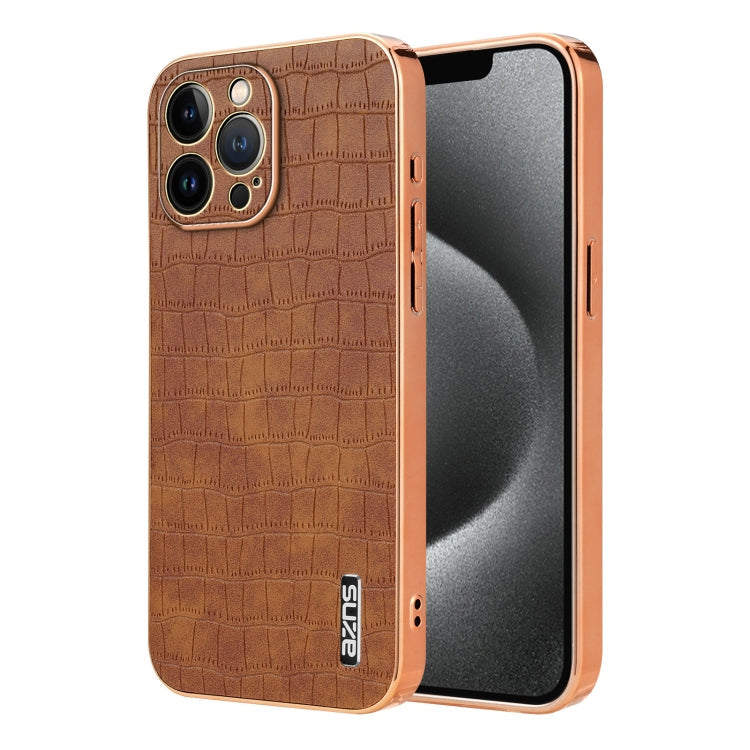 For iPhone 12 Pro AZNS Electroplated Frame Crocodile Texture Full Coverage Phone Case(Brown)