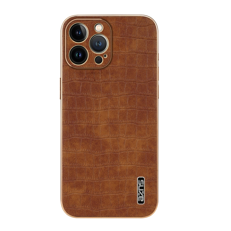 For iPhone 12 Pro AZNS Electroplated Frame Crocodile Texture Full Coverage Phone Case(Brown)
