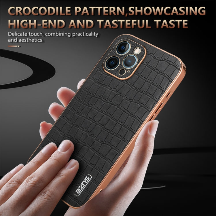 For iPhone 12 Pro AZNS Electroplated Frame Crocodile Texture Full Coverage Phone Case(Blue)