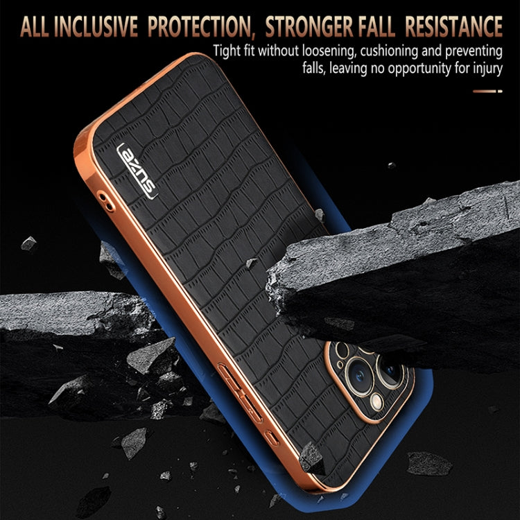 For iPhone 13 Pro AZNS Electroplated Frame Crocodile Texture Full Coverage Phone Case(Brown)