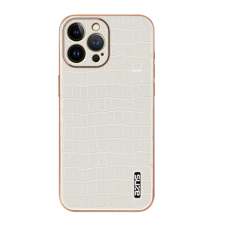 For iPhone 13 Pro AZNS Electroplated Frame Crocodile Texture Full Coverage Phone Case(White)