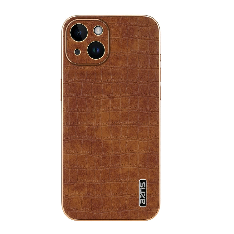 For iPhone 14 AZNS Electroplated Frame Crocodile Texture Full Coverage Phone Case(Brown)