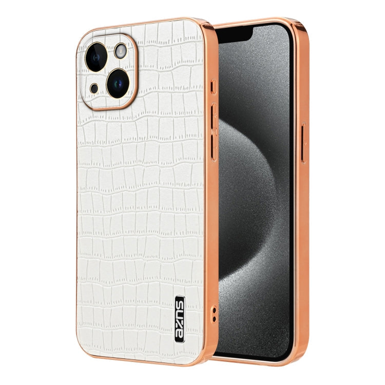 For iPhone 14 AZNS Electroplated Frame Crocodile Texture Full Coverage Phone Case(White)