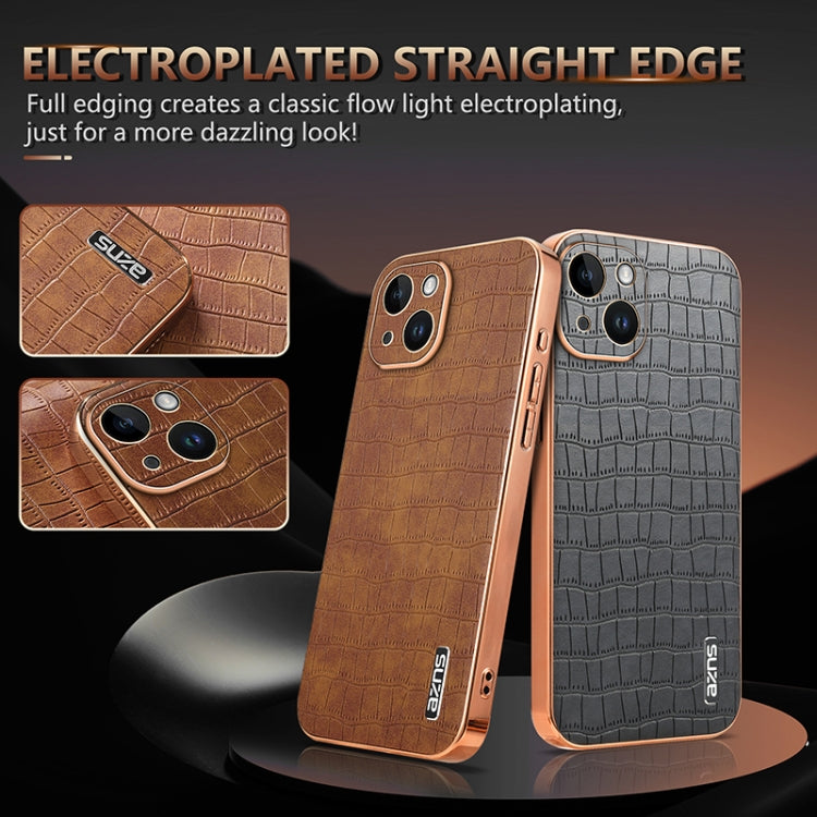 For iPhone 14 Plus AZNS Electroplated Frame Crocodile Texture Full Coverage Phone Case(Black)