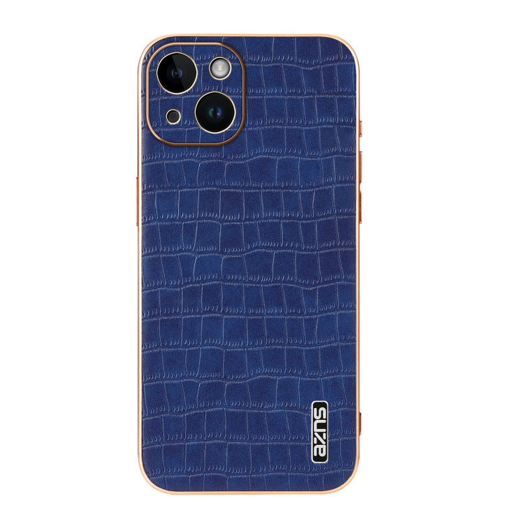 For iPhone 14 Plus AZNS Electroplated Frame Crocodile Texture Full Coverage Phone Case(Blue)