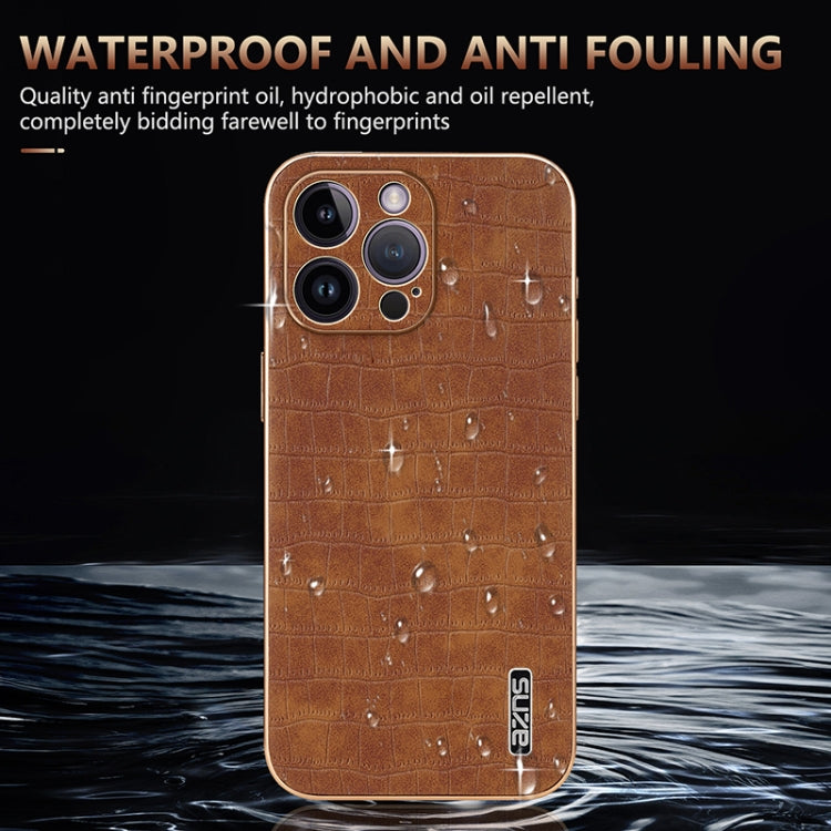 For iPhone 14 Pro AZNS Electroplated Frame Crocodile Texture Full Coverage Phone Case(Black)