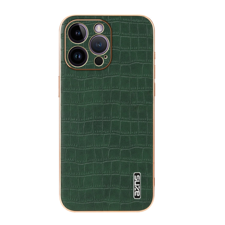For iPhone 14 Pro AZNS Electroplated Frame Crocodile Texture Full Coverage Phone Case(Green)