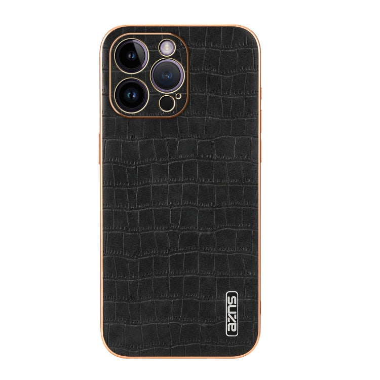 For iPhone 14 Pro Max AZNS Electroplated Frame Crocodile Texture Full Coverage Phone Case(Black)