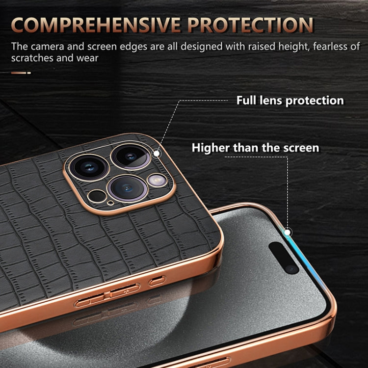 For iPhone 14 Pro Max AZNS Electroplated Frame Crocodile Texture Full Coverage Phone Case(Black)
