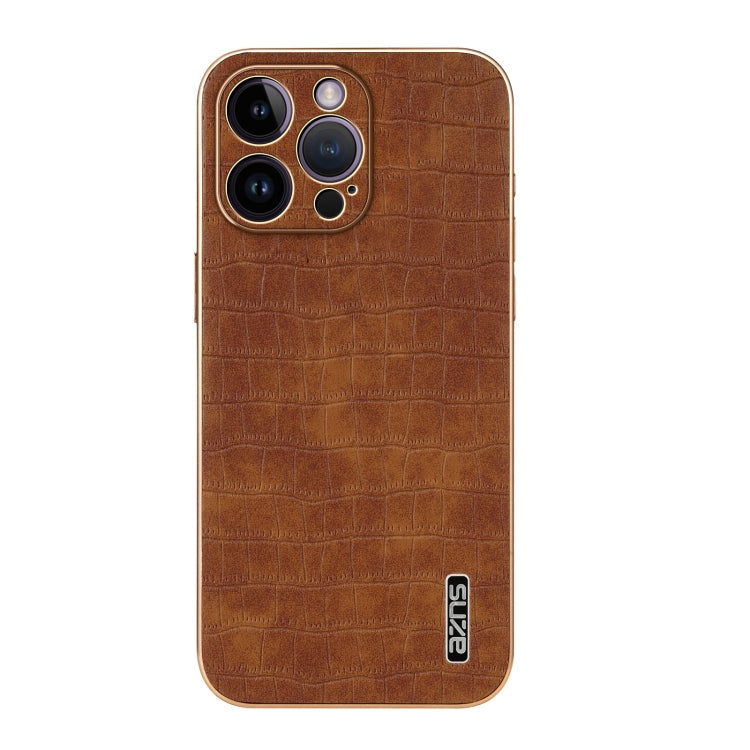 For iPhone 14 Pro Max AZNS Electroplated Frame Crocodile Texture Full Coverage Phone Case(Brown)
