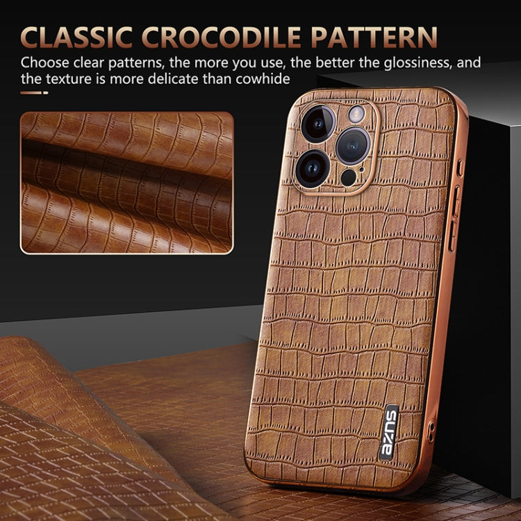 For iPhone 14 Pro Max AZNS Electroplated Frame Crocodile Texture Full Coverage Phone Case(Blue)
