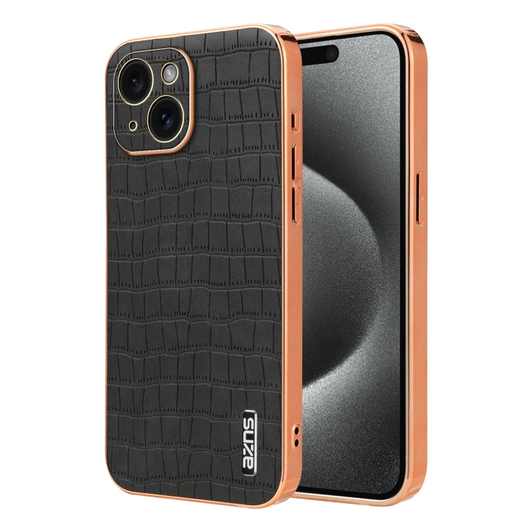 For iPhone 15 AZNS Electroplated Frame Crocodile Texture Full Coverage Phone Case(Black)