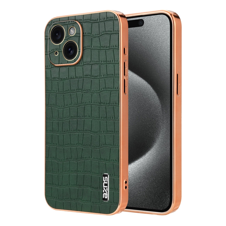 For iPhone 15 Plus AZNS Electroplated Frame Crocodile Texture Full Coverage Phone Case(Green)