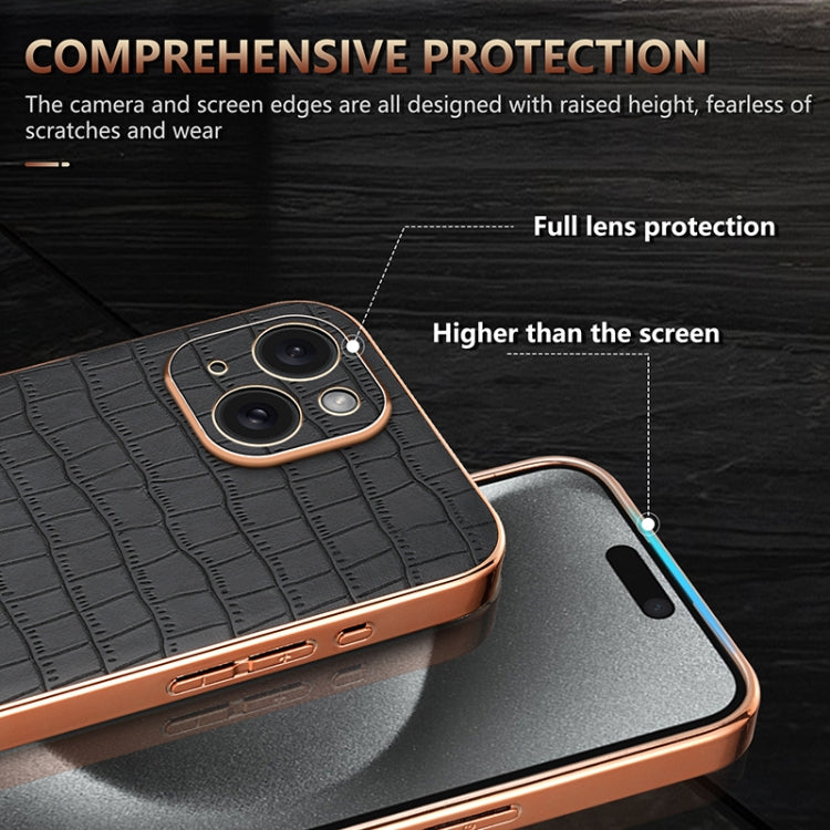 For iPhone 15 Plus AZNS Electroplated Frame Crocodile Texture Full Coverage Phone Case(White)