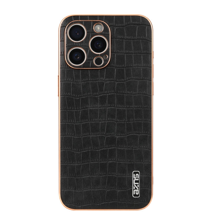 For iPhone 15 Pro AZNS Electroplated Frame Crocodile Texture Full Coverage Phone Case(Black)