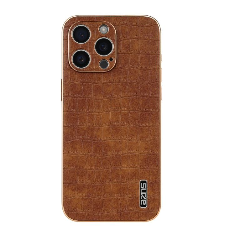For iPhone 15 Pro AZNS Electroplated Frame Crocodile Texture Full Coverage Phone Case(Brown)