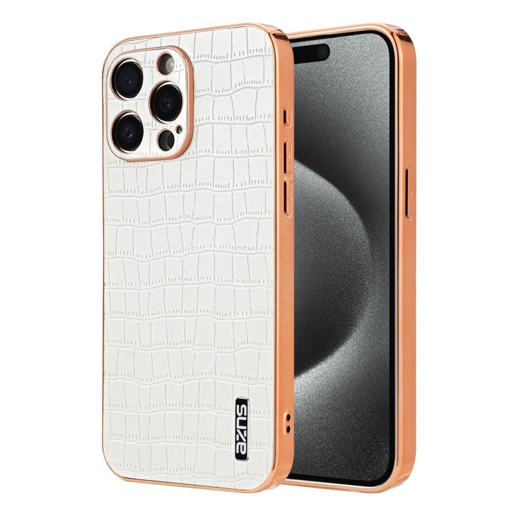 For iPhone 15 Pro Max AZNS Electroplated Frame Crocodile Texture Full Coverage Phone Case(White)