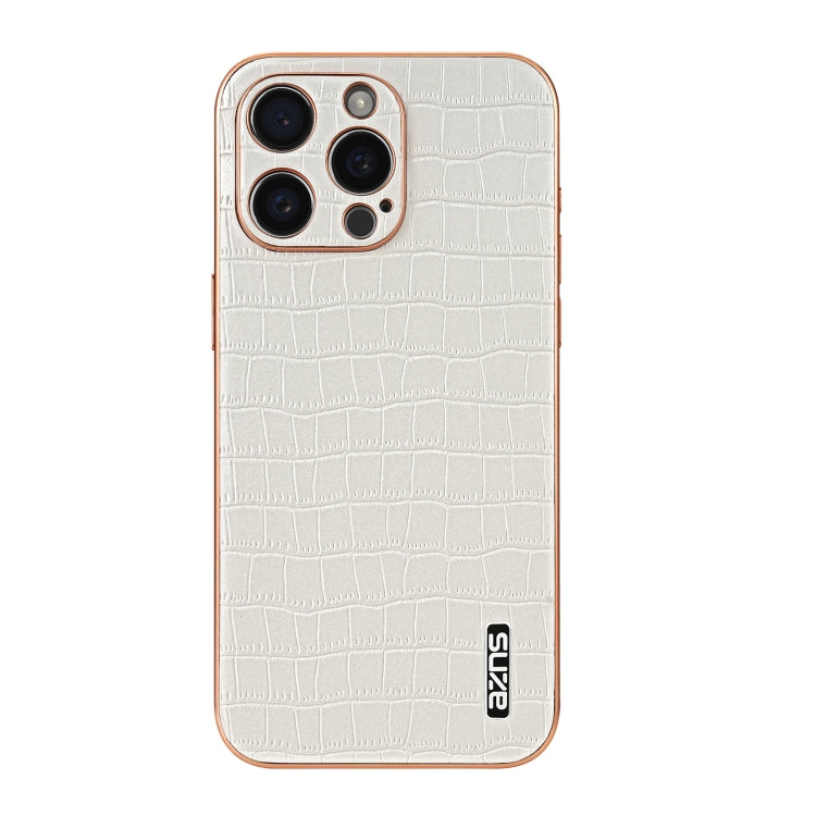 For iPhone 15 Pro Max AZNS Electroplated Frame Crocodile Texture Full Coverage Phone Case(White)