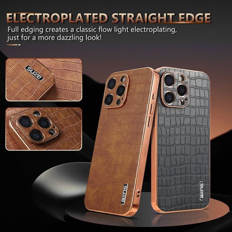 For iPhone 15 Pro Max AZNS Electroplated Frame Crocodile Texture Full Coverage Phone Case(White)