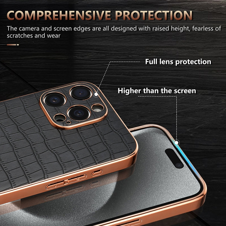 For iPhone 16 Pro Max AZNS Electroplated Frame Crocodile Texture Full Coverage Phone Case(Black)