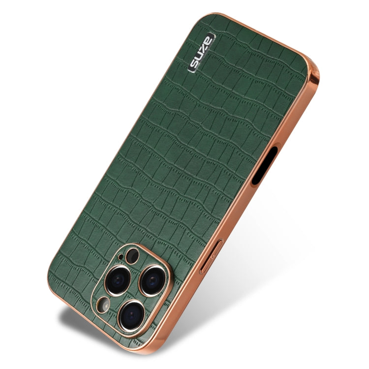 For iPhone 16 Pro AZNS Electroplated Frame Crocodile Texture Full Coverage Phone Case(Green)