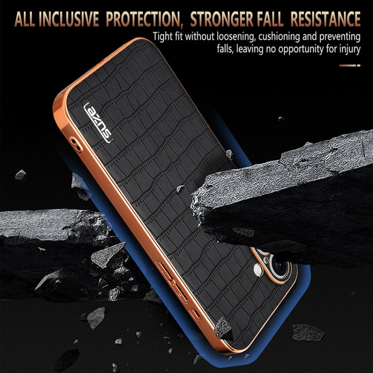 For iPhone 16 Plus AZNS Electroplated Frame Crocodile Texture Full Coverage Phone Case(Black)