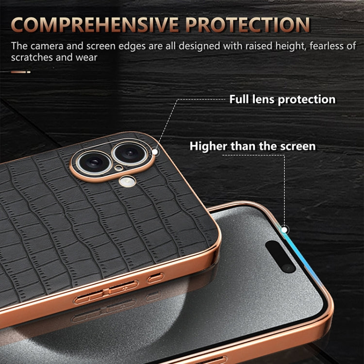 For iPhone 16 Plus AZNS Electroplated Frame Crocodile Texture Full Coverage Phone Case(Black)