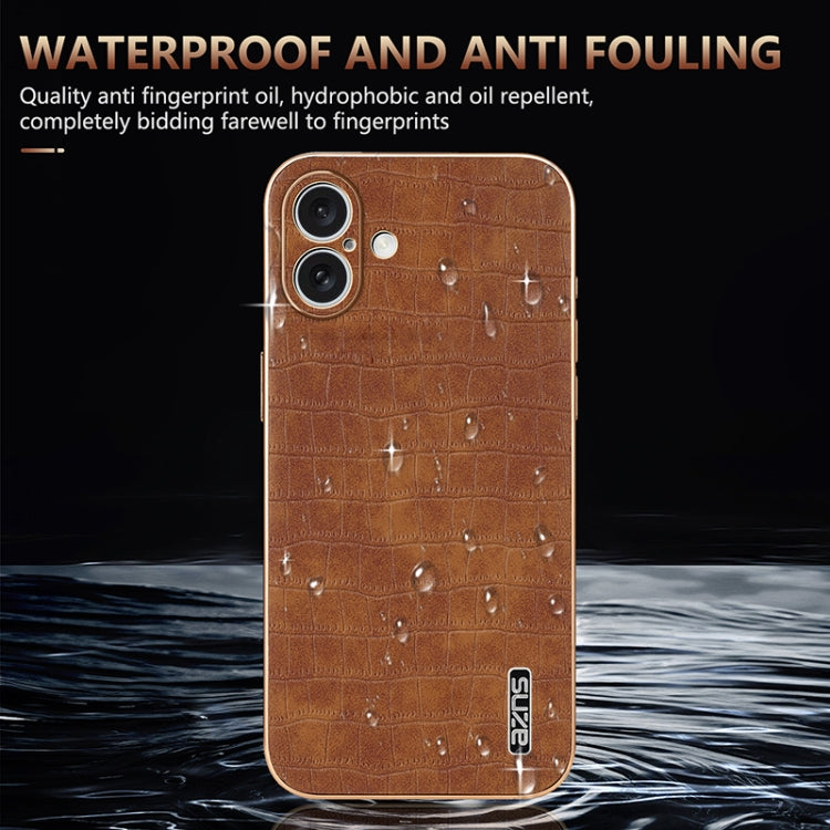 For iPhone 16 AZNS Electroplated Frame Crocodile Texture Full Coverage Phone Case(Brown)