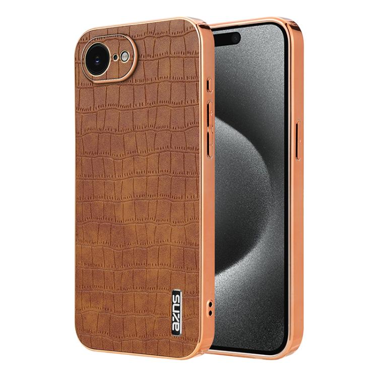 For iPhone 17e / 16e AZNS Electroplated Frame Crocodile Texture Full Coverage Phone Case(Brown)