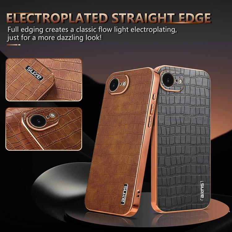 For iPhone 17e / 16e AZNS Electroplated Frame Crocodile Texture Full Coverage Phone Case(Brown)