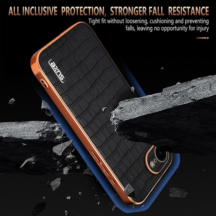 For iPhone 17e / 16e AZNS Electroplated Frame Crocodile Texture Full Coverage Phone Case(Brown)