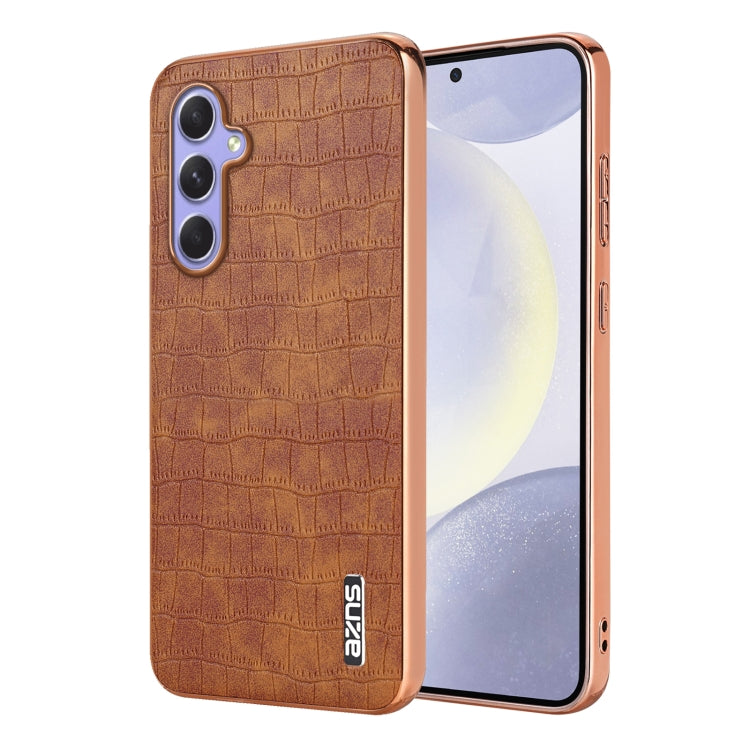 For Samsung Galaxy A34 AZNS Electroplated Frame Crocodile Texture Full Coverage Phone Case(Brown)
