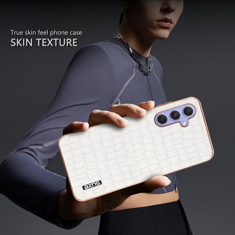 For Samsung Galaxy A34 AZNS Electroplated Frame Crocodile Texture Full Coverage Phone Case(White)