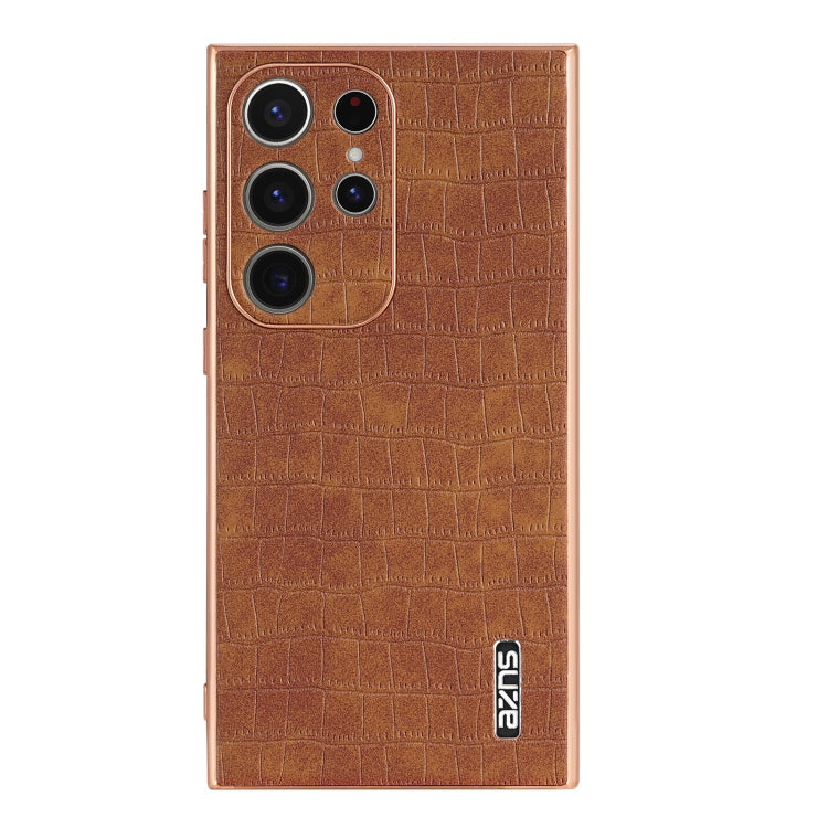 For Samsung Galaxy S22 Ultra 5G AZNS Electroplated Frame Crocodile Texture Full Coverage Phone Case(Brown)