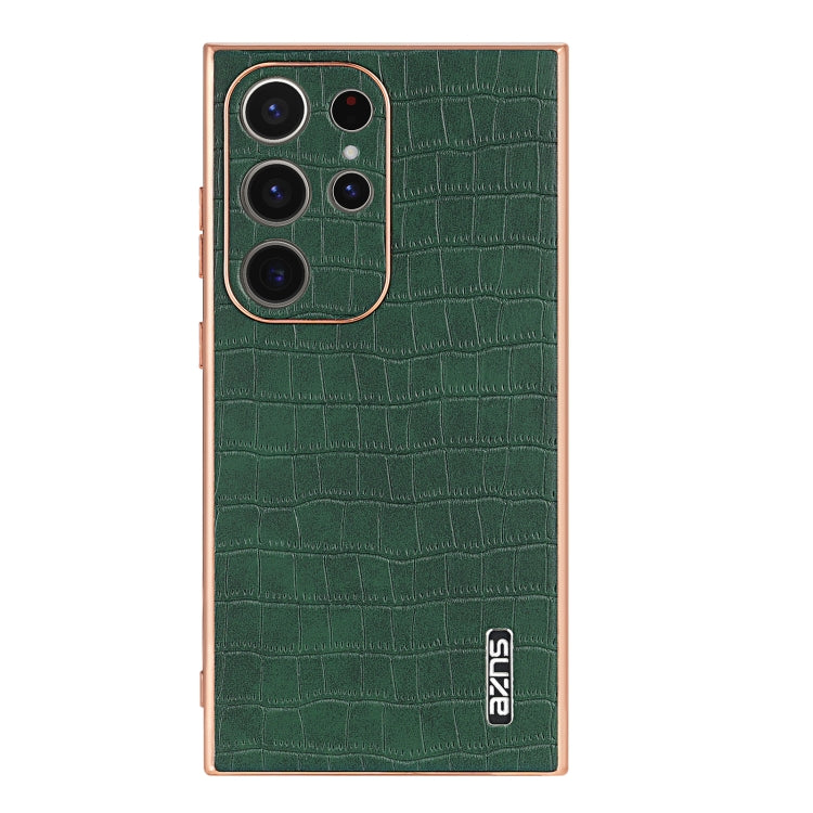 For Samsung Galaxy S22 Ultra 5G AZNS Electroplated Frame Crocodile Texture Full Coverage Phone Case(Green)