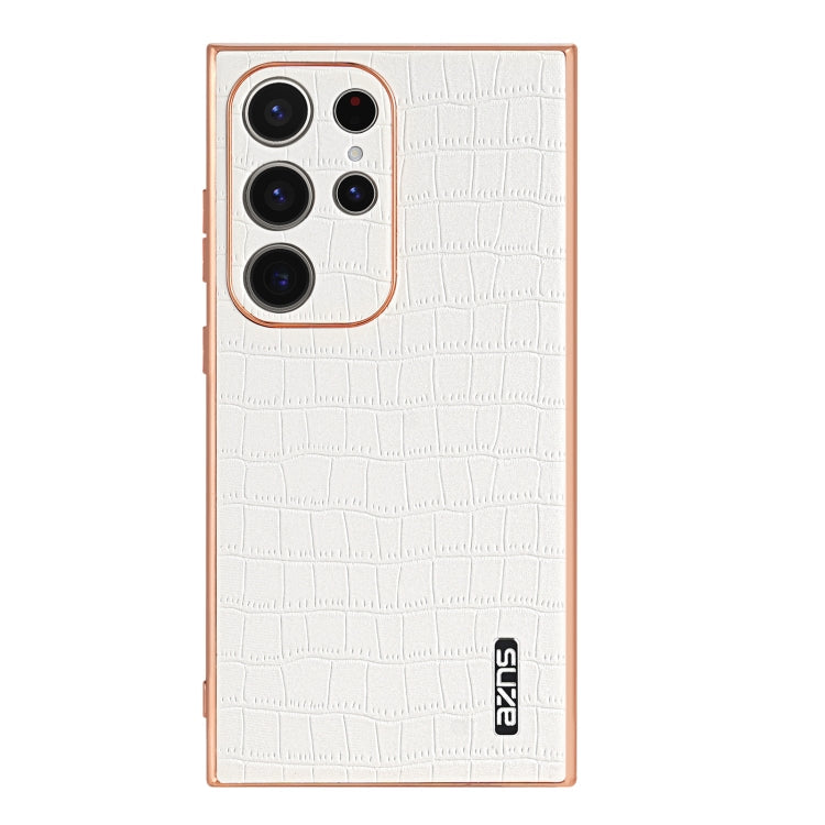 For Samsung Galaxy S22 Ultra 5G AZNS Electroplated Frame Crocodile Texture Full Coverage Phone Case(White)