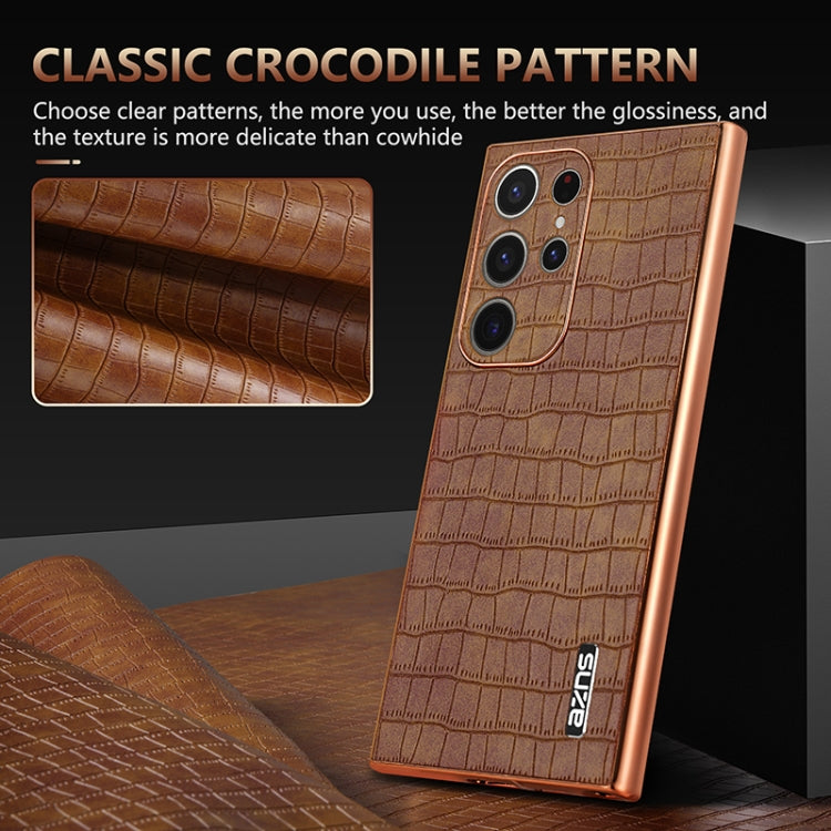 For Samsung Galaxy S23 Ultra 5G AZNS Electroplated Frame Crocodile Texture Full Coverage Phone Case(Black)