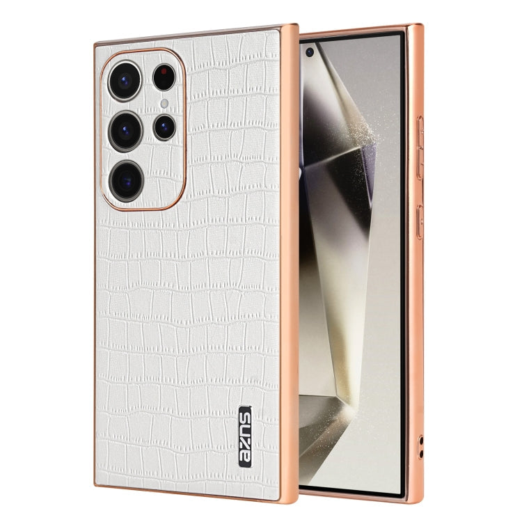 For Samsung Galaxy S23 Ultra 5G AZNS Electroplated Frame Crocodile Texture Full Coverage Phone Case(White)