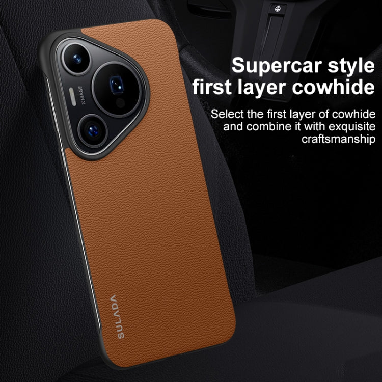 For Huawei Pura 70 SULADA Frameless Top Layer Cowhide Leather + PC Phone Case(Brown)