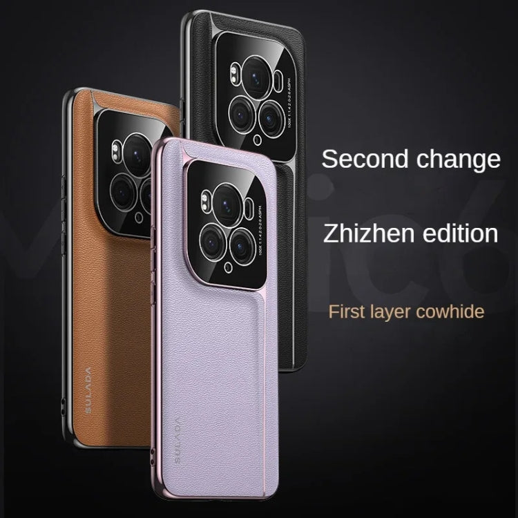 For Honor Magic6 SULADA Frameless Top Layer Cowhide Leather + PC Phone Case(Black)