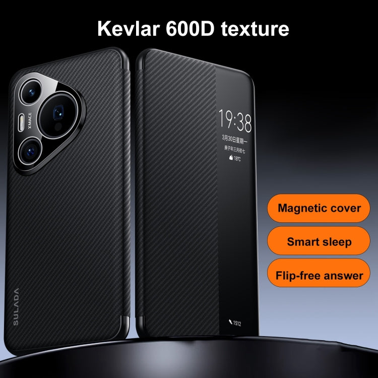 For Huawei Mate 60 Pro SULADA Kevlar 600D Texture Smart Window Leather Phone Case(Blue)
